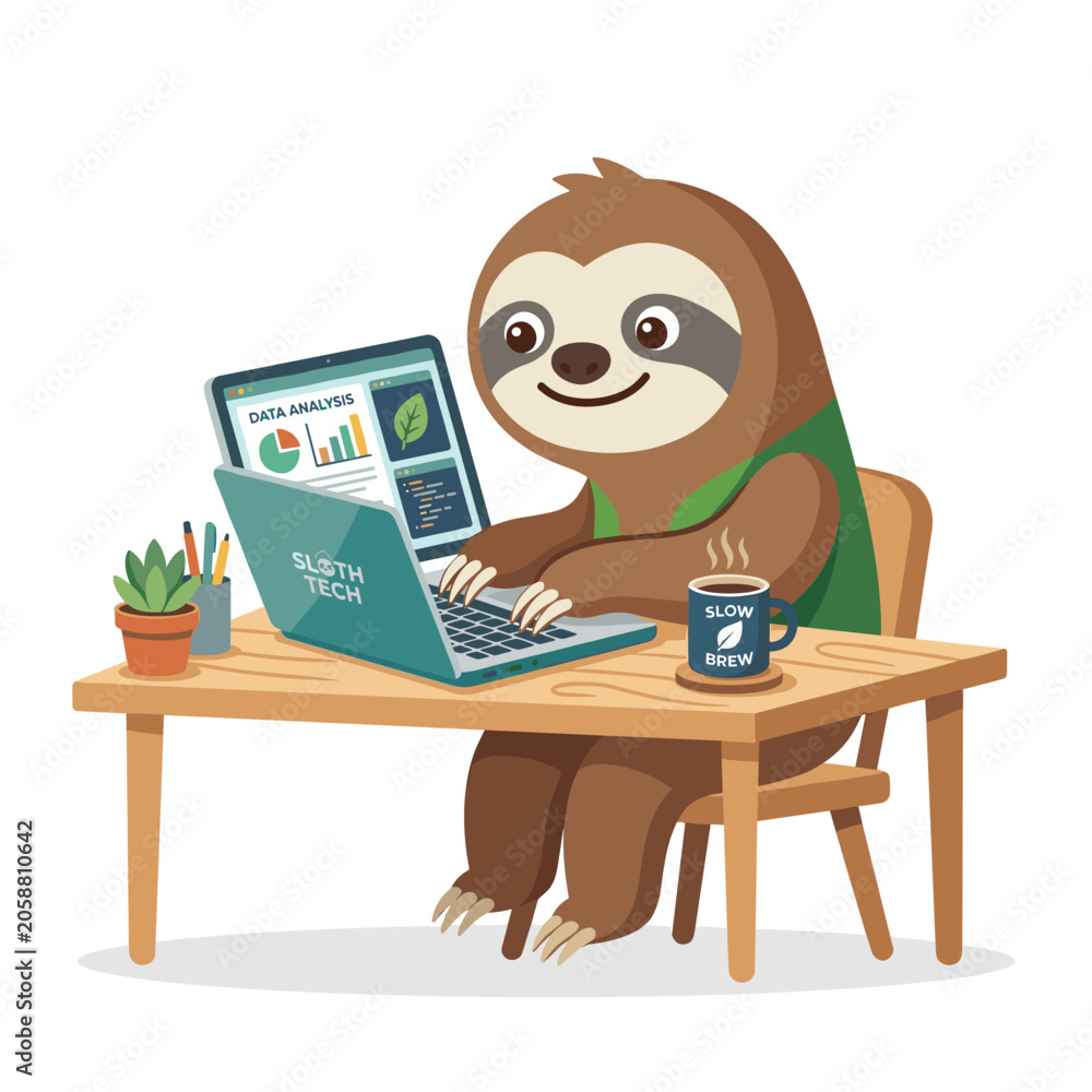 Fototapeta premium Smiling sloth works on laptop with data analysis on screen