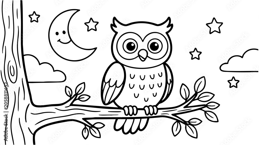 Obraz premium Cartoon owl sitting on a tree branch at night, moon and stars background, simple kids coloring page, bold clean black outlines, minimal details, vector artwork, pure white background.