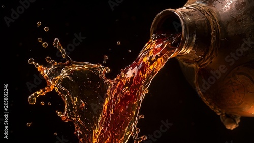 Dark amber liquid pouring from a flagon in a dynamic splash.