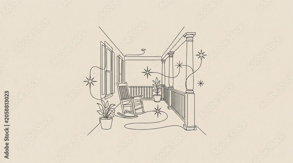 Fototapeta premium Minimalist continuous line art drawing of a traditional American front porch with abstract stars. Generative AI