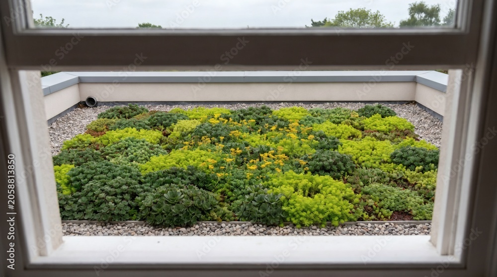 Fototapeta premium Green eco roof with growing sedum plants viewed through a window