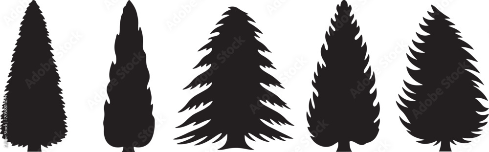 Fototapeta premium Diverse evergreen tree silhouettes collection isolated on checkered background simple geometric shapes.