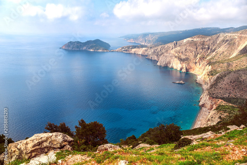 Beautiful landscape with rocks on the coast of the Ionian Sea near Asos town in Kefalonia, Greece. Amazing places. Tourist Attractions.