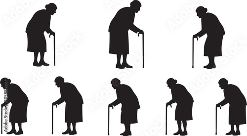 Fotografie Elderly woman walking with cane silhouette set on transparent background old age vector illustration