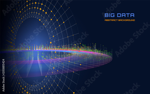 Abstract futuristic torus from noisy grid connecting points  glowing in dark. Big Data. Concept visualization for technology, science and computing.