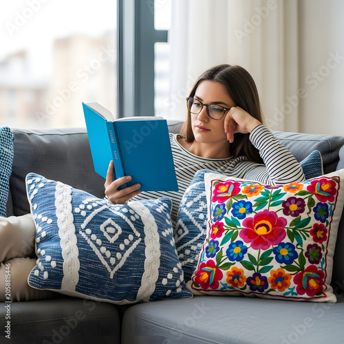 Woman reading a book on a comfortable sofa with decorative pillows