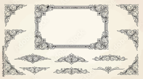 Set of vintage baroque ornamental frames and decorative elements for design