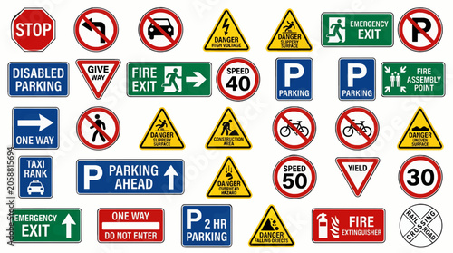 Canvastavla Collection of Safety and Directional Road Signs, Including Stop, Parking, Speed