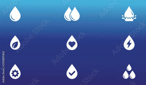 Water Drop and Liquid Icon Set Featuring Clean, Fresh and Hydration Symbols in Flat Style