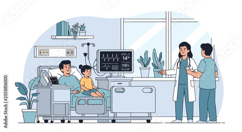 Canvastavla A doctor and nurse attend to a male patient and a young girl in a modern hospital room with medical equipment