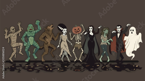 Foto Classic Horror Monsters Lineup: Mummy, Creature, Werewolf, Bride, Pumpkin Skelet