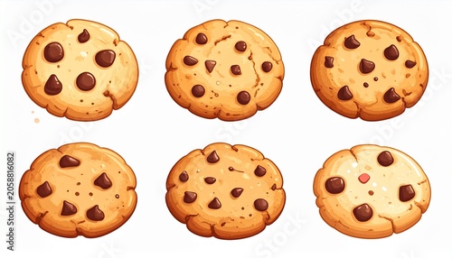 Round Chocolate Chip Cookies Assortment on White Background, Homemade Bakery Snack Set, Generative AI