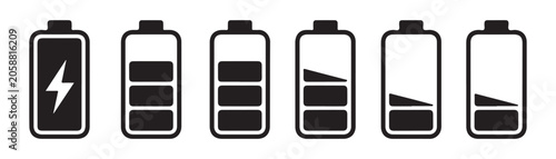 Black battery charge status icons displaying various energy levels and charging flash sign vector.