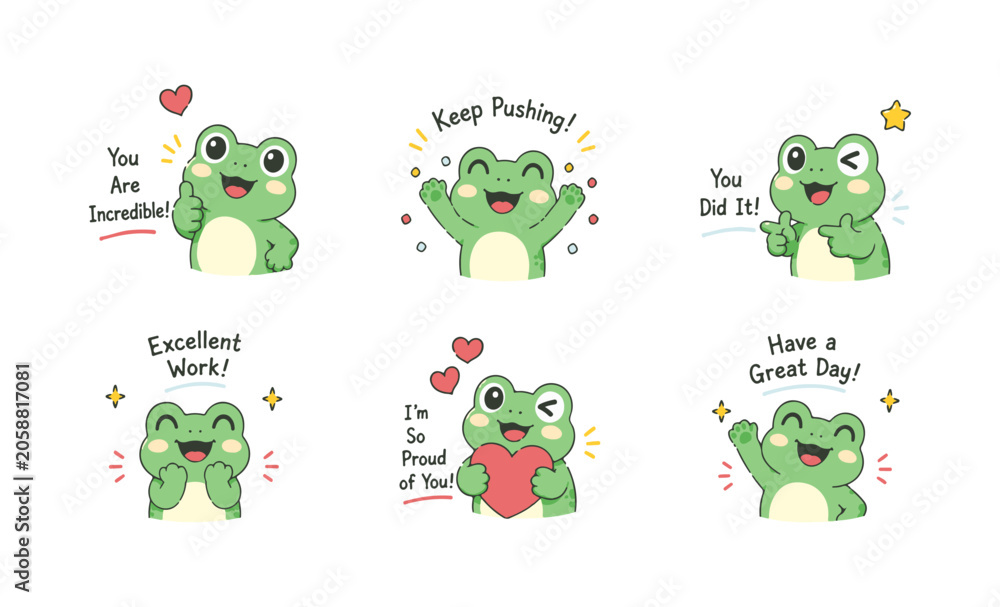 Fototapeta premium Cute Frog Motivation Sticker Set with Positive Encouragement Messages and Cheerful Expressions. Adorable Frog Character Collection for Success Support Inspiration and Celebration
