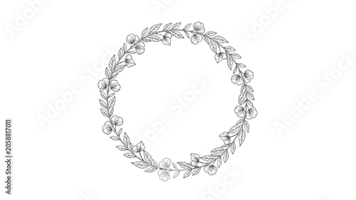 Hand-drawn floral wreath with delicate flowers and leaves, isolated on white background.