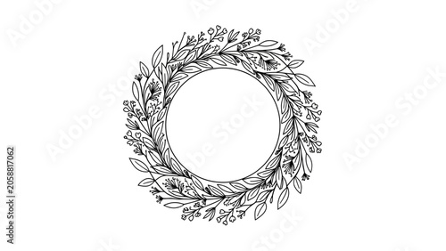 Hand-drawn floral wreath with delicate leaves and small flowers, isolated on white background.
