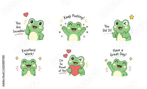 Cute Frog Motivation Sticker Set with Positive Encouragement Messages and Cheerful Expressions. Adorable Frog Character Collection for Success Support Inspiration and Celebration