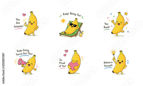 Cute Banana Character Sticker Set with Positive Motivation and Encouragement Messages. Adorable Cartoon Banana Mascot Collection for Self Confidence and Daily Inspiration