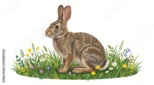 Brown Rabbit Sitting in Green Grass.
