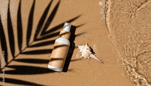 Top View of Sunscreen Bottle Mockup on Wet Beach Sand with Ocean Wave Ripples, Palm Leaf Shadow and Shell, Organic SPF Skincare Spray Packaging on Tropical Beach, Summer Sun Protection Cosmetic Brand