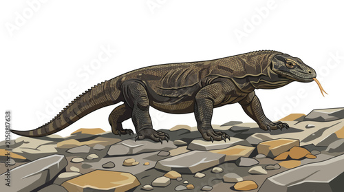 Large prehistoric lizard on rocks.