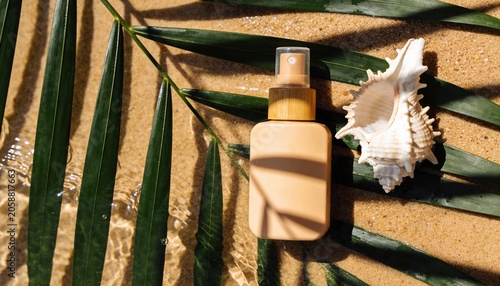 Organic Sunscreen Spray Bottle Mockup on Palm Leaf, Cosmetic Blank Packaging with Sea Shell on Wet Sand and Wave Ripples, Luxury Summer Sunblock Flat Lay on Tropical Beach for Skincare Branding.