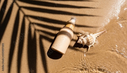 Top View of Sunscreen Bottle Mockup on Wet Beach Sand with Ocean Wave Ripples, Palm Leaf Shadow and Shell, Organic SPF Skincare Spray Packaging on Tropical Beach, Summer Sun Protection Cosmetic Brand
