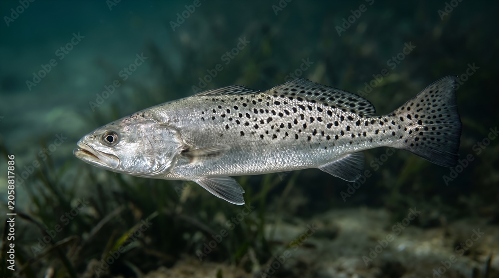 Fototapeta premium Spotted Sea Trout swimming underwater in a marine environment.