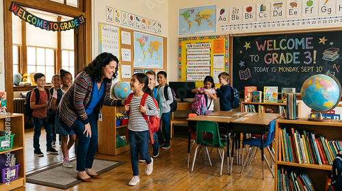 Teacher Welcoming Students in Classroom with Happy Atmosphere and Bright Lighting