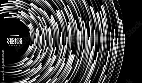 Bright light trails swirl. Dynamic motion. Big data. Particle flow. Science and technology. Concentric circle. Glow and color transition effects. Vector for brochure, poster, cover, presentation.