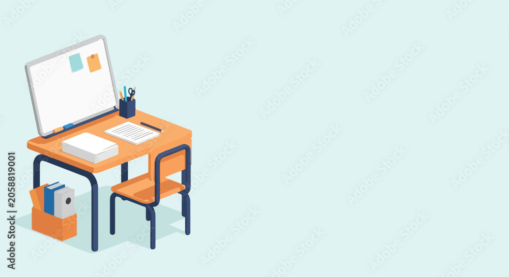 Fototapeta premium An isometric illustration shows an organized student desk with a whiteboard, paper stack, and office supplies against a clean background.