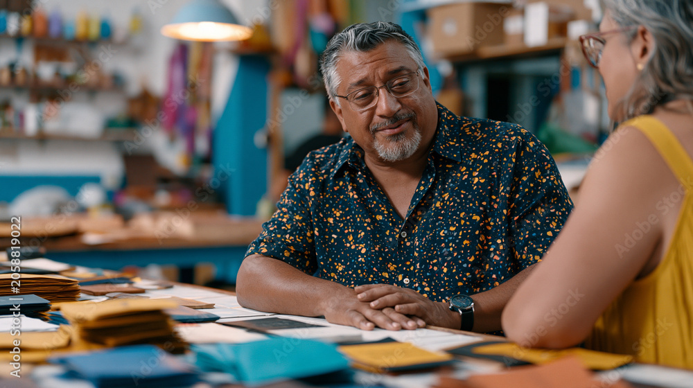 Fototapeta premium Bootstrapped founder bartering services with local print shop owner to produce first batch of branded packaging, negotiation happening at workshop counter surrounded by material samples, scrappy res