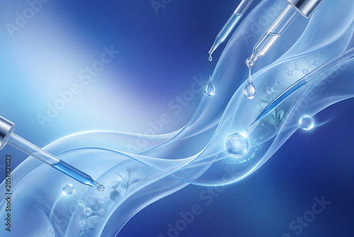 Two droppers release liquid droplets that fall into a wavy blue background. The scene shows a laboratory experiment focused on the behavior of water and its properties