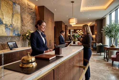 Two hotel staff members are at the reception desk helping a guest. They are in a stylish hotel lobby with plants and decorative features. It is daytime and the atmosphere is busy