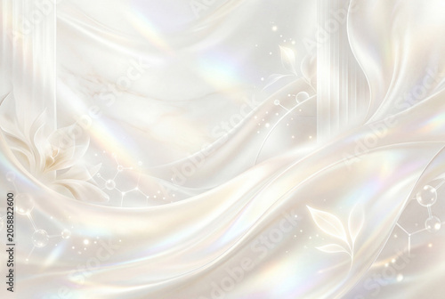 Waves of light fabric create a flowing look in a bright setting. Floral patterns and soft curves blend together to form a gentle and light design, offering a sense of elegance