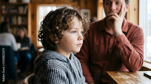Candid shot of a serious mother and son in a crowded room, showing expressions of anxiety, waiting, or deep reflection.