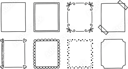 Set of hand drawn doodle frames, decorative borders for notes, photos and bullet journal, vector illustration isolated on white background
