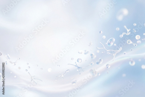 Water droplets move and create bubbles on a plain surface. The light reflects off the water, creating a bright atmosphere. This scene shows the beauty of water in motion