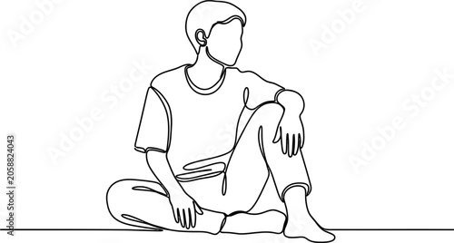 Fotografía Continuous line drawing of a young man sitting cross-legged and looking away, minimalist style