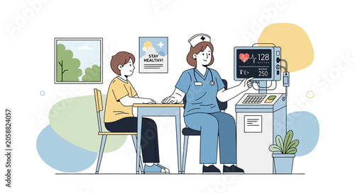 Nurse monitors patient's vital signs on a modern medical monitor in a clinic