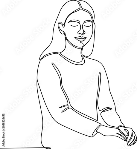 Fotografie Woman Sitting Calmly, Eyes Closed, Peaceful Expression, Minimalist Line Art