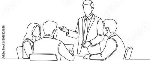 Photos Business meeting, team discussion, leader presenting ideas, continuous line art
