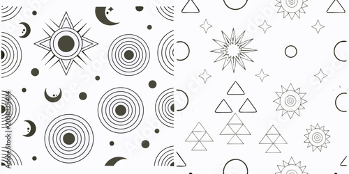 Εκτύπωση καμβά Celestial Pattern With Suns Moons And Geometric Shapes Line Art