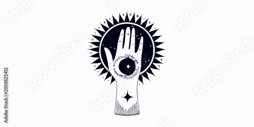 Photos Hand illustration with eye motif and celestial elements black and white