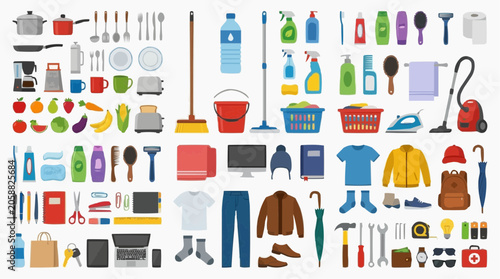 A collection of diverse household items and clothing.
 Isolated on white background