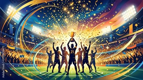 Football players celebrating championship win with trophy on field at stadium