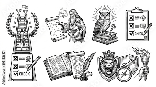 Collection of Vintage Educational and Knowledge Symbols.