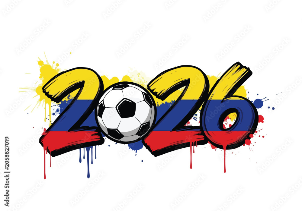 Fototapeta premium Vibrant 2026 soccer graphic with colorful paint splatters and a soccer ball