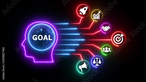 Neon head goal setting with business icons motion video.