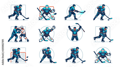 Canvas Print Ice hockey players action icons set collection.